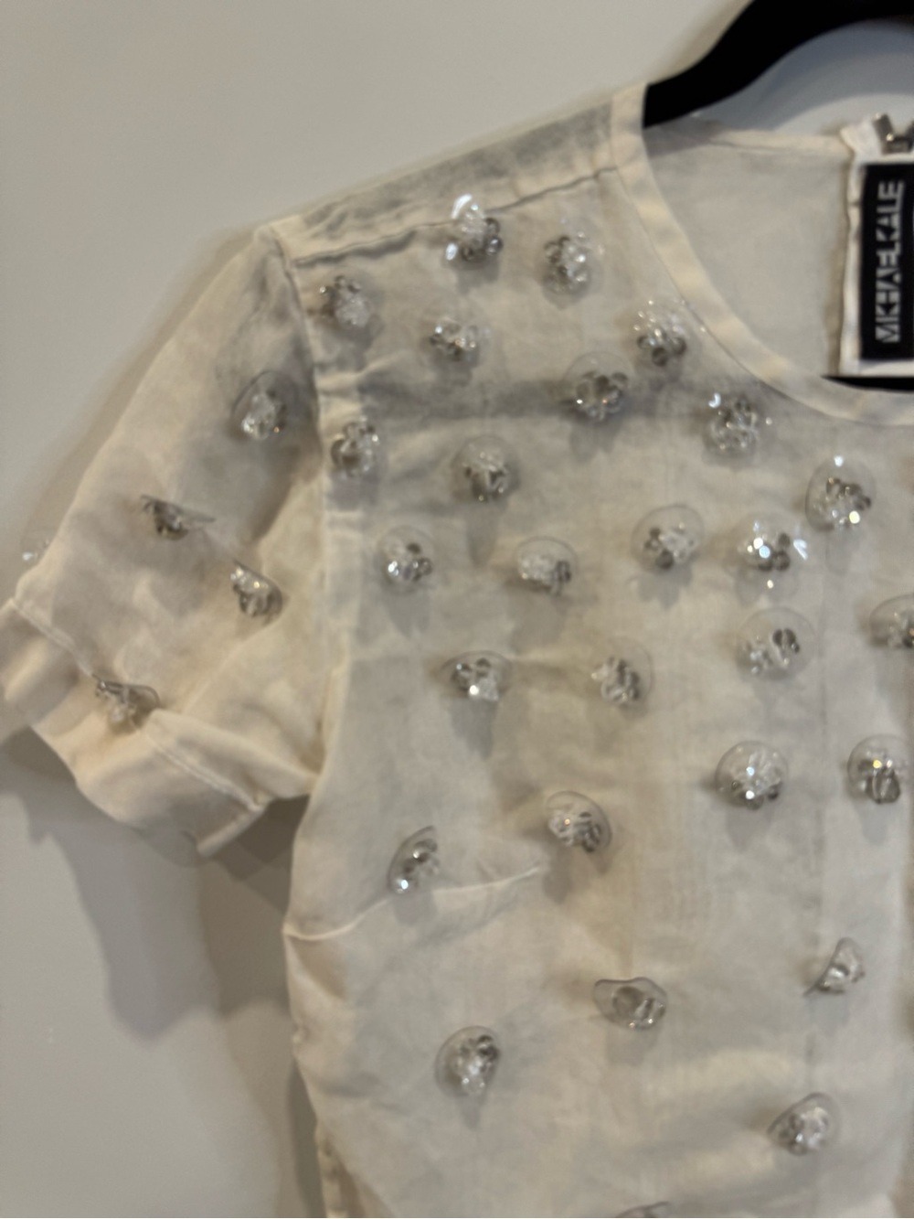 Michael Kale Ivory Sheer Embellished Crop Top Size Small 0809 - Picture 3 of 7